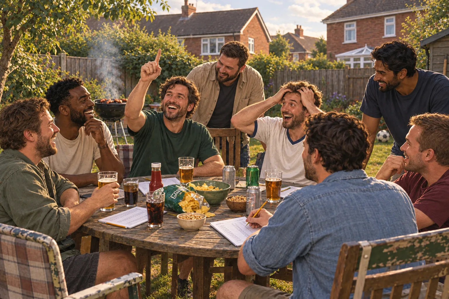 Illustrated group of friends holding a fantasy football auction around a garden table