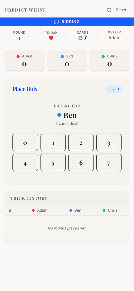 Whist Scorer Started at the Table on Bidding flow at mobile viewport
