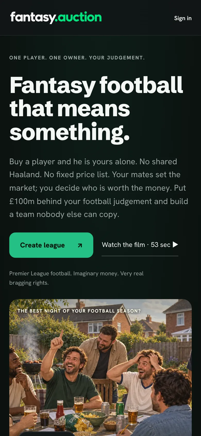 fantasy.auction homepage on a phone with the Create league button
