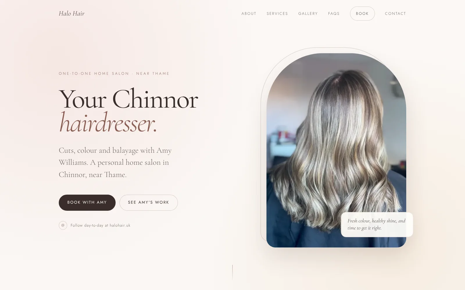 Halo Hair homepage on desktop with a hair colour photo in an arched frame
